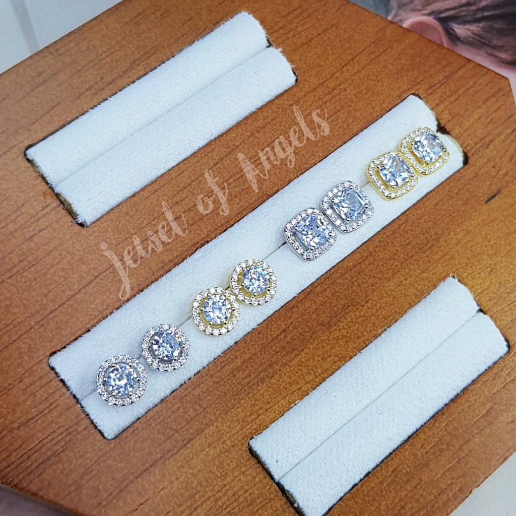 ต่างหูเงินแท้S925 รุ่น Honey ต่างหูเพชรCZสี่เหลี่ยมล้อมเพชร เพชรCZกลมล้อมเพชร เงินแท้ทั้งชิ้น Silver925