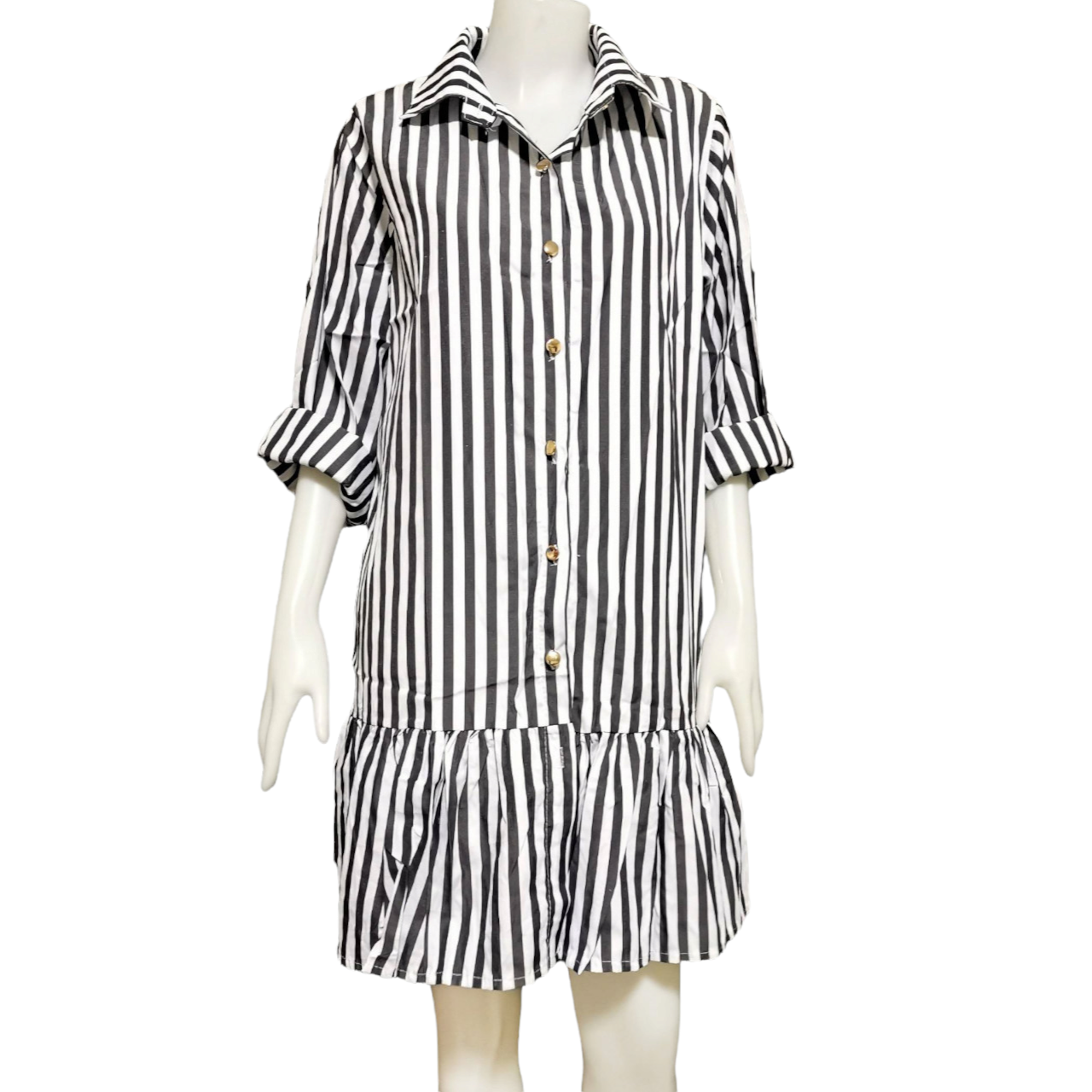 Dress3614 เดรสไซส์ใหญ่คอปกเชิ้ตลายริ้ว กระดุมหน้า แขนยาว ชายระบาย ผ้าคอตตอนโพลีเนื้อดีใส่สบายไม่ยับง่าย มี 4 สี ขาวดำ ขาวแดง ขาวชมพู ขาวน้ำเงิน