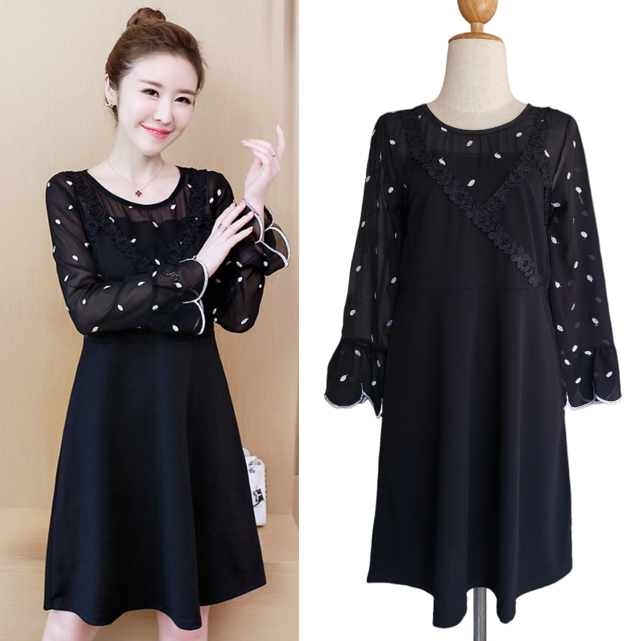 Dress4475 เดรสแขนยาวสีดำ ดีเทลช่วงอกและแขนเป็นผ้าชีฟองปักลายใบไม้เล็กๆ ผ้าไมโครเนื้อดีมีน้ำหนักยืดหยุ่นได้ งานดีทรงสวย