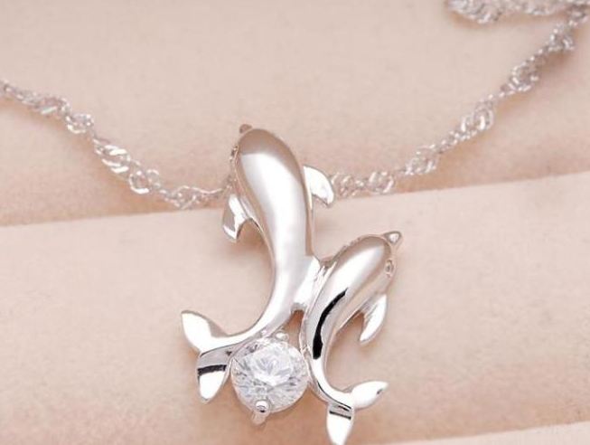 สร้อยคอเงินแท้ 925 ห้อยจี้ ปลาโลมา Dolphin คู่ ตกแต่งคริสตัล ของขวัญให้แฟน สุดหรู no 1192764