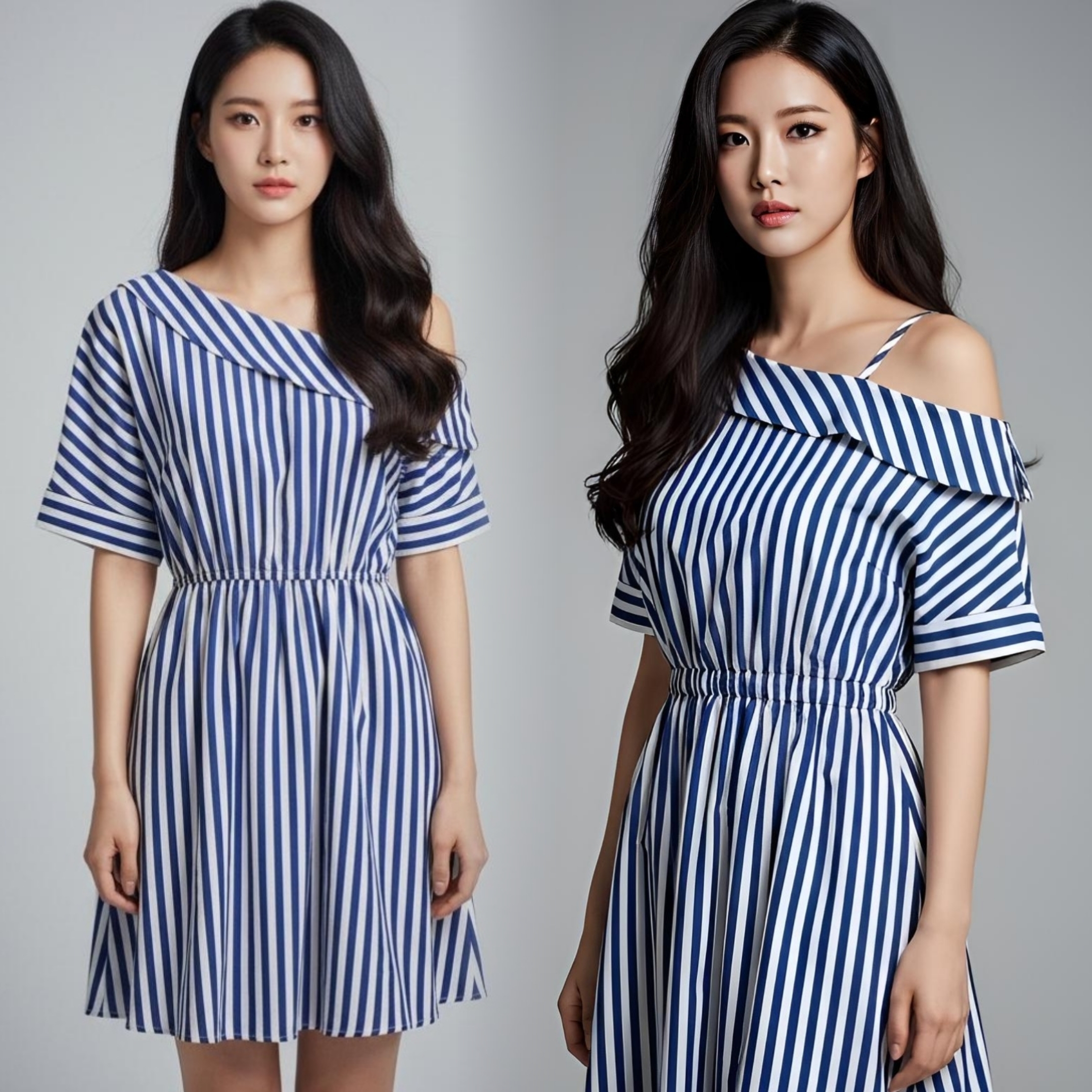 👗 Dress4305 เดรสลายทางสีน้ำเงิน-ขาว ดีเทลเปิดไหล่เพิ่มเสน่ห์เล็กๆ ให้ลุคดูสดใสทันสมัย