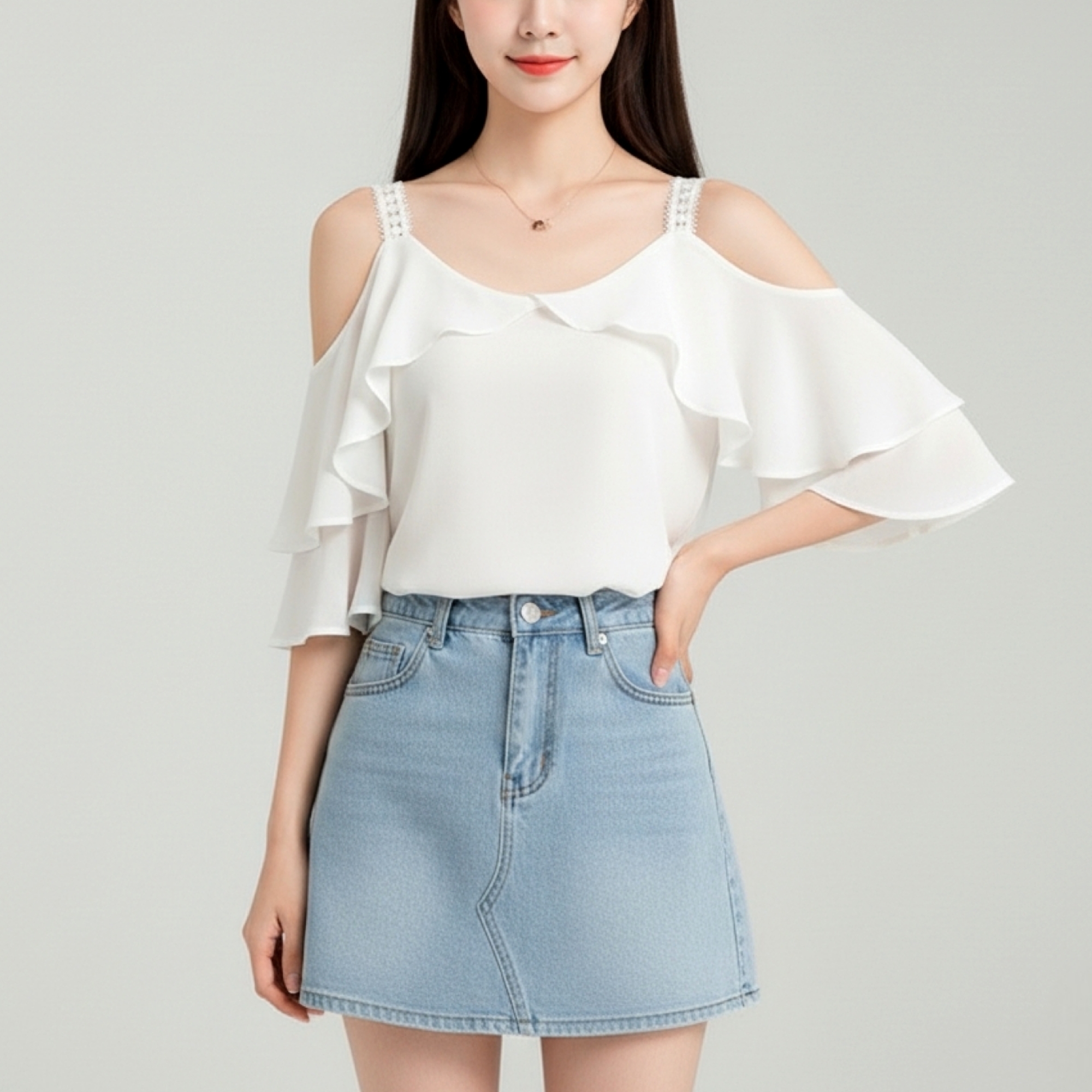 Blouse3714 เสื้อเว้าไหล่แขนระบายสีขาวครีมละมุน สายบ่าลูกไม้ อกแต่งระบาย ผ้าชีฟองพรีเมียมเนื้อดีมีน้ำหนักนุ่มใส่สบาย งานสวยใส่ง่ายน่ารักมาก แมทช์กับอะไรก็เข้า