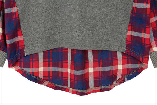 เสื้อผ้าแฟชั่นสไตส์เกาหลี เสื้อแขนยาว พร้อมส่ง ด้านหน้าสีเทา ด้านหลังแต่งลายสก็อตสีโทนแดงน้ำเงิน same pic