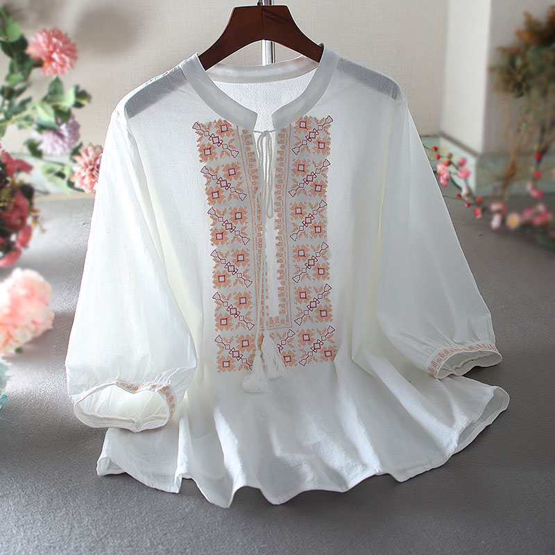 เสื้อลินิน เสื้อผ้าฝ้ายลินิน เสื้อเชิ้ตผ้าลินิน ปักลายสวยๆด้วยด้าย สไตล์VINTAGE