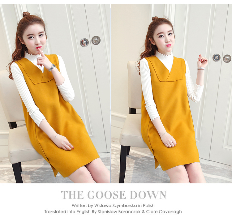 Set_bs1732 ชุด 2 ชิ้น(เสื้อ+เดรส) เดรสคอวีทรงปล่อยสีเหลืองผ้าคอตตอนกำมะหยี่เนื้อดีนุ่มใส่สบาย+เสื้อแขนยาวคอเต่าผ้าร่องไหมพรมเนื้อนุ่มยืดหยุ่นสูง งานดีดีเทลเก๋ๆ ใส่เที่ยว/ใส่ทำงานได้