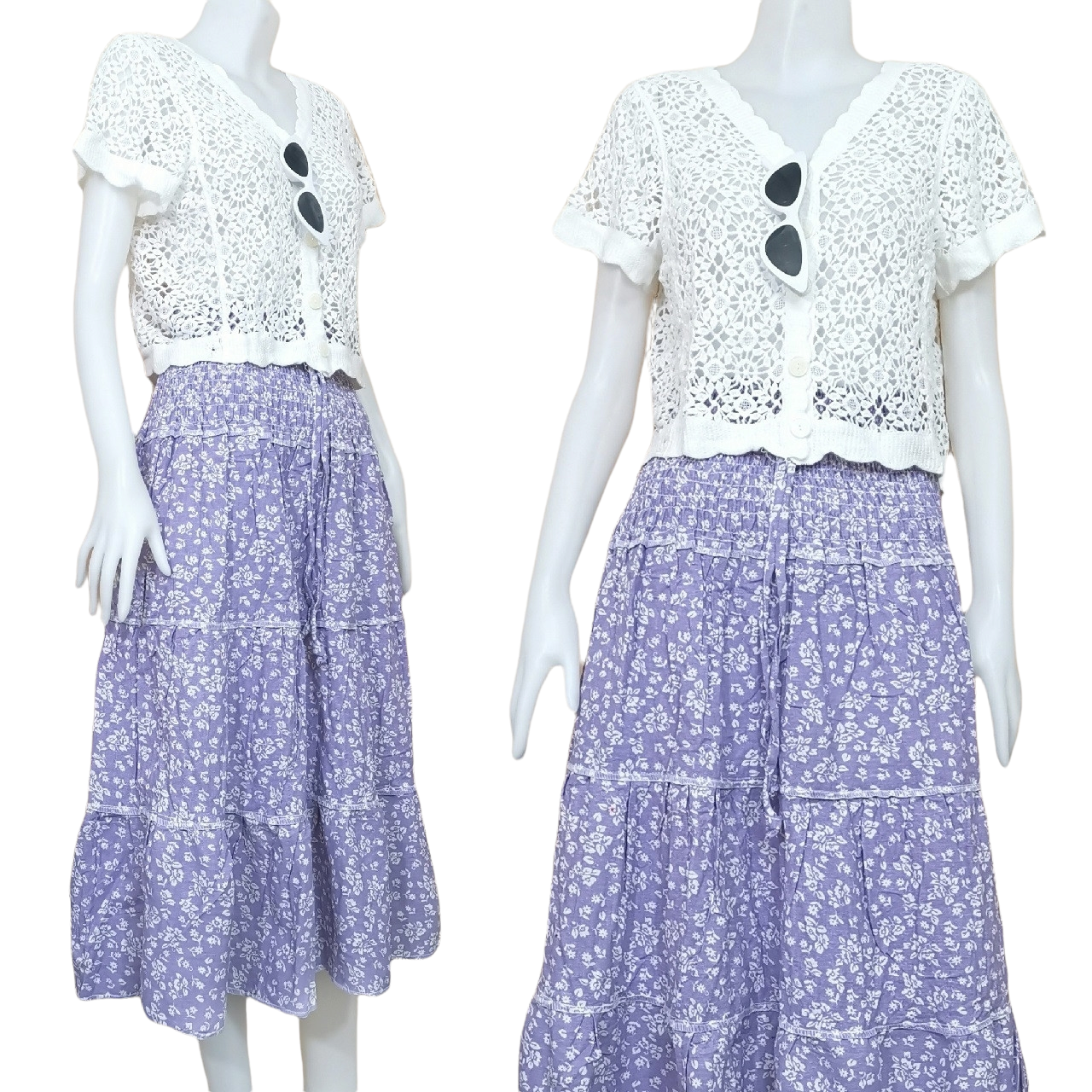 Skirt403-406 กระโปรงยาวลายดอกไม้ เอวสม็อคยางยืด ผ้าคอตตอนยีนส์, ผ้าสกินนี่เนื้อดีมีน้ำหนัก งานสวยน่ารักทรงนี้มีติดตู้ไว้ใส่ได้เรื่อยๆ งานน่ารักแมทช์กับอะไรก็เข้า