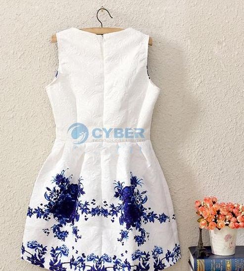 ชุดเดรสออกงาน สีขาว ลายกุหลาบสีน้ำเงิน หรูหรา ไฮโซ ราคาถูก no 36296_1