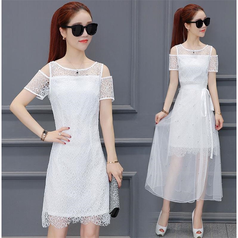 Dress4492 เดรสลูกไม้สีขาวเว้าไหล่+กระโปรงป้ายผ้ามุ้งผูกเอวแต่งหมุดเพิ่มความสวยงาม ผ้าลูกไม้ฉลุเนื้อดี ใส่ออกงานได้
