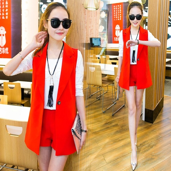 Set_bp1435 ชุดเซ็ท 3 ชิ้น เสื้อสูทแขนกุด+เสื้อยืดแขนยาว+กางเกงขาสั้น Set สามชิ้นเข้าชุด งานดี ใส่เก๋ๆ ได้บ่อย **พร้อมส่ง 2 สี น้ำเงิน, แดง