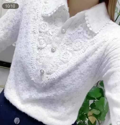 เสื้อผ้าลูกไม้ สีขาว แขนยาว บุกำมะหยี่ สวยเก๋ มีสไตล์ เสื้อลูกไม้ แบบเสื้อเชิ้ตใส่ทำงานสวย ๆ 910936