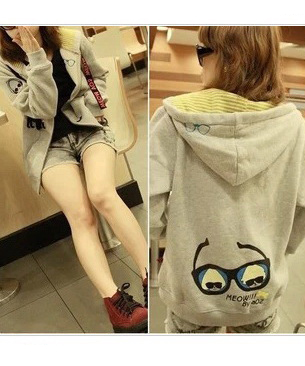 เสื้อกันหนาวสีเทาน่ารัก ตัวฮู้ดต่อผ้าลายแต่งลายตัวการ์ตูน พร้อมส่งค่า