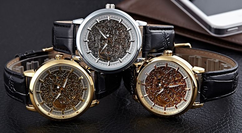 นาฬิกาโชว์กลไก ดีไซน์ หรู หน้าปัด สีทอง สีเงิน สี Rose Gold ด้านในแกะลาย Mechanical watch นาฬิกาสายหนังแท้ สีดำ 565524