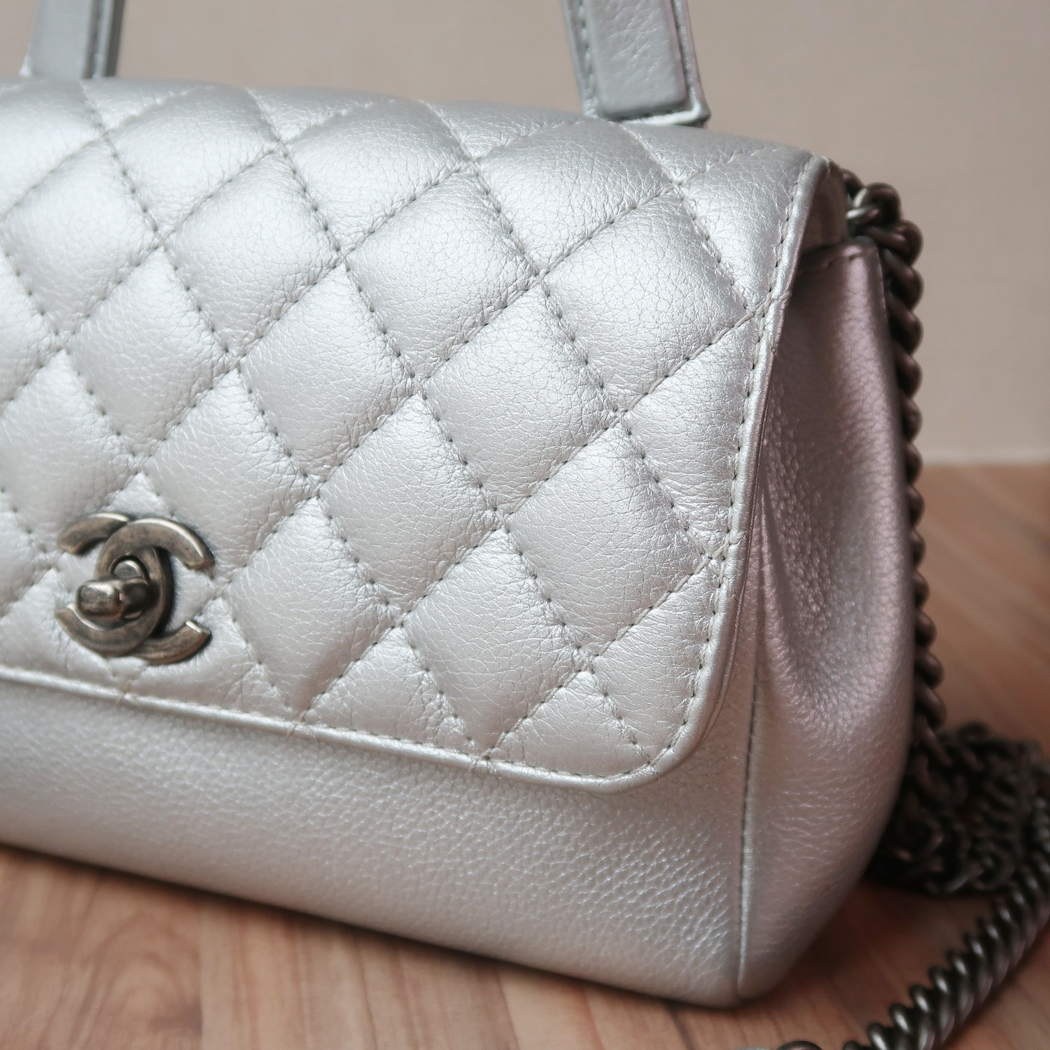 Chanel Silver Calfskin Coco Twin RHW