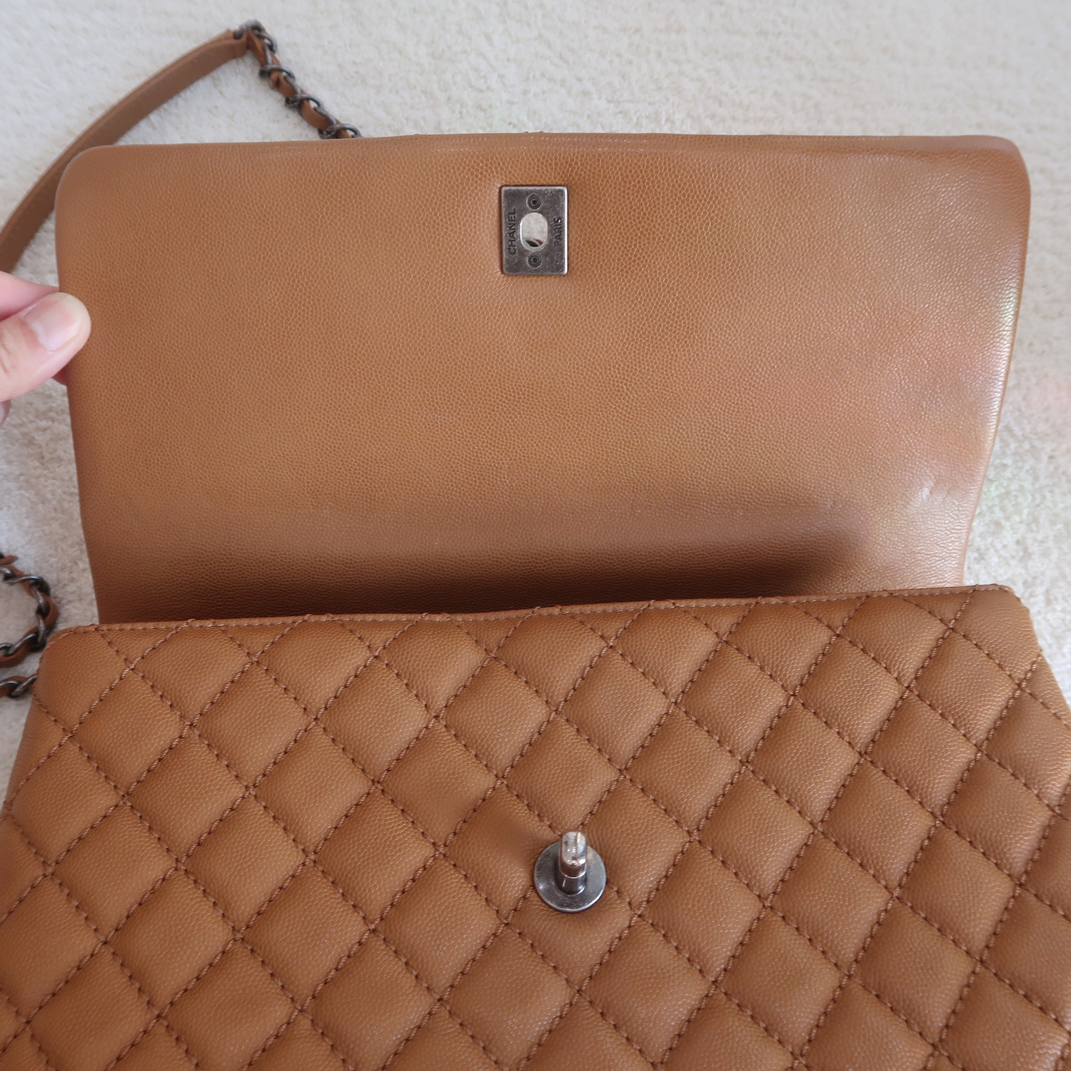 Chanel Caramel Caviar Coco Handle Lizard Medium 13" RHW