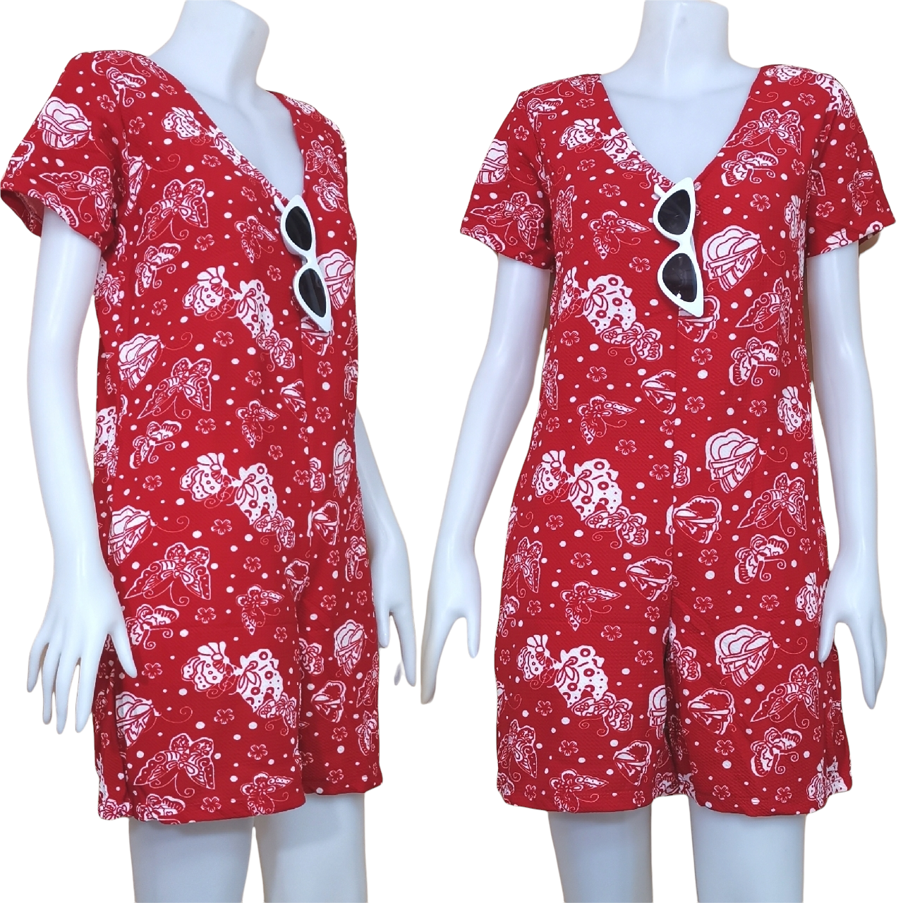 Jumpsuit622 จัมพ์สูทคอวีขาสั้นไซส์ใหญ่ลายผีเสื้อ มีซิปหลังใส่ง่าย ผ้าวูลเวฟ(ผ้าหนังไก่)เนื้อดีทิ้งตัวยืดหยุ่นสูงใส่สบาย