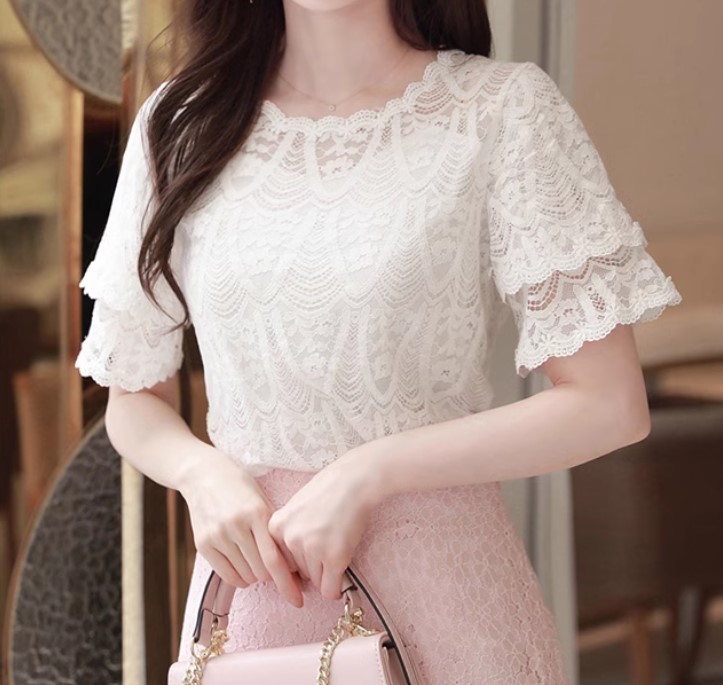 เสื้อลูกไม้ แขนสั้น แขนระบาย 2 ชั้น เข้ากับหน้าร้อน เสื้อลูกไม้ วัยรุ่น แบบน่ารัก ๆ สีดำ สีขาว 988522