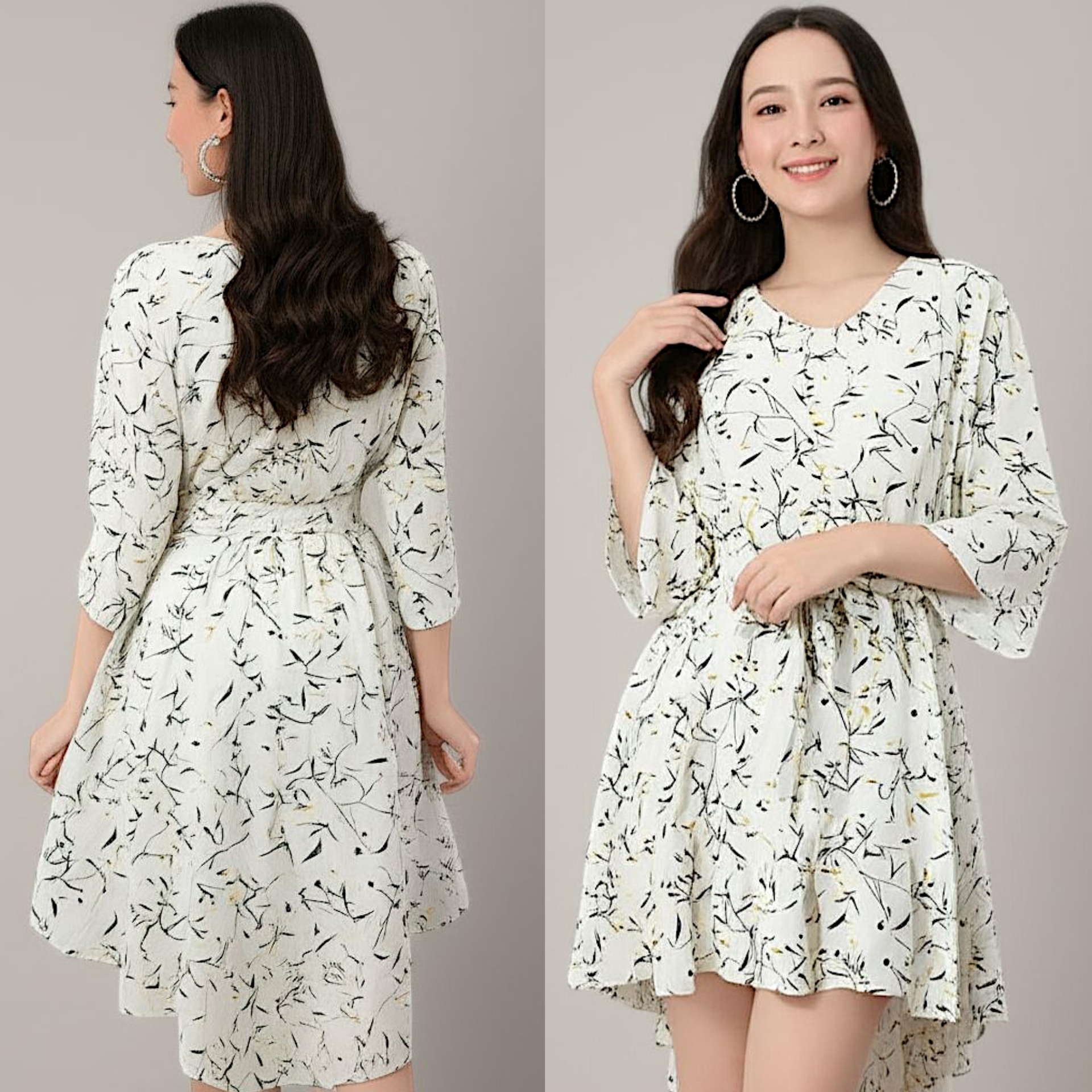 Dress4695 เดรสลายดอกไม้พื้นสีครีม แขนสี่ส่วน เอวสม็อครอบ มีผ้าผูกเอว ทรงหน้าสั้นหลังยาว ผ้าโพลีเนื้อดียืดได้นิดหน่อย มีซับในช่วงกระโปรง งานดีทรงดีลายสวย ใส่เที่ยว/ใส่ทำงานได้