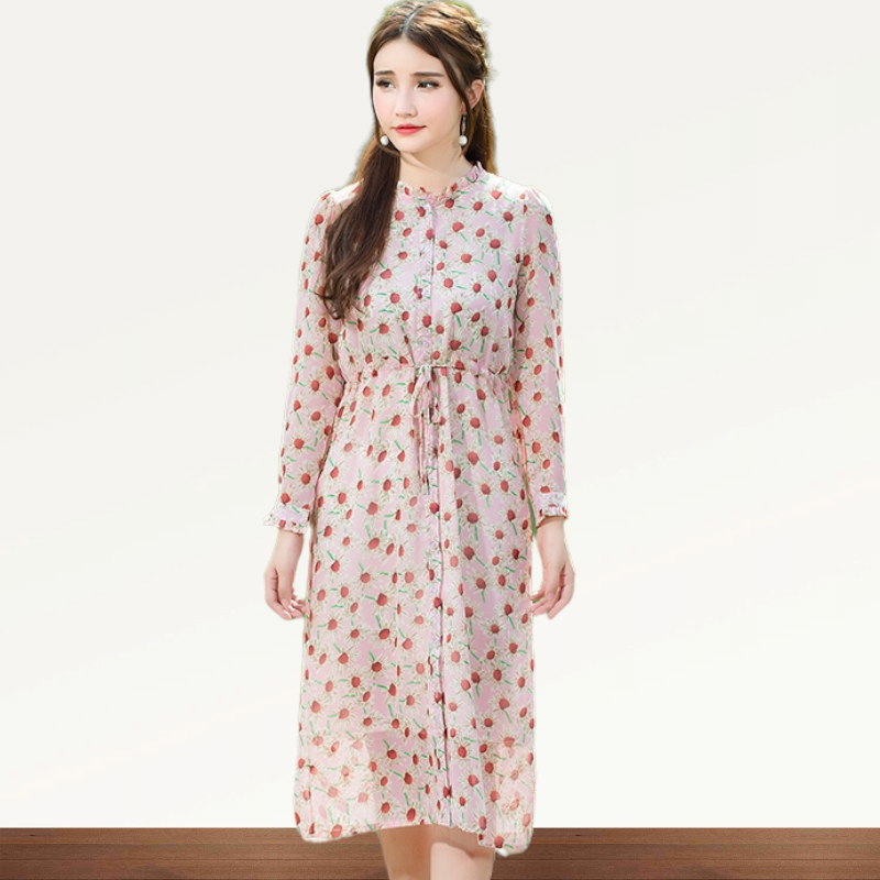 Dress4158 แม็กซี่เดรสยาวทรงสวยลายดอกทานตะวันพื้นสีชมพู คอระบาย กระดุมผ่าหน้า แขนยาวกระดุมข้อมือ มีเชือกผูกรูดเอวปรับได้ตามสัดส่วน มีซับในอย่างดีทั้งชุด ผ้าชีฟองเกรดพรีเมียม