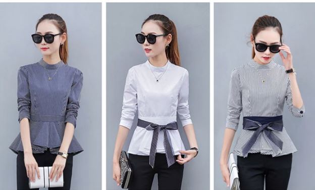 เสื้อเชิ้ตผู้หญิง เสื้อเชิ้ตแขนยาว ใส่ทำงาน แฟชั่นดีไซน์ สำหรับ สาวหุ่นดี มีเอว ดีไซน์ ผ้าคาดเอว แบบสาวมั่น ลุ๊คเท่ ๆ 753169