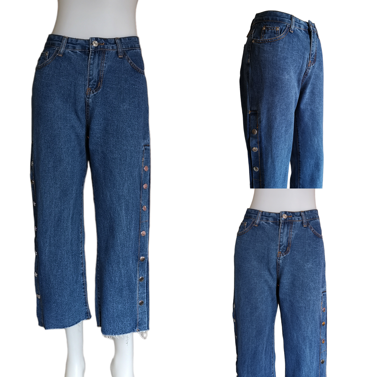 Jeans336 กางเกงยีนส์ขายาวขากระบอก ด้านข้างแต่งกระดุมแป๊กแกะออกใช้งานได้จริง แฟชั่นนำเข้าเกรดพรีเมียม