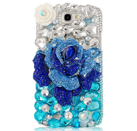 เคสโทรศัพท์ เคส Samsung Galaxy Note 2 N7100 เคส Hand made 3 D ติดคริสตัล กุหลาบ สีน้ำเงิน อันใหญ่ โทนสีฟ้า และ เงิน สวยหรู มากค่ะ 248757