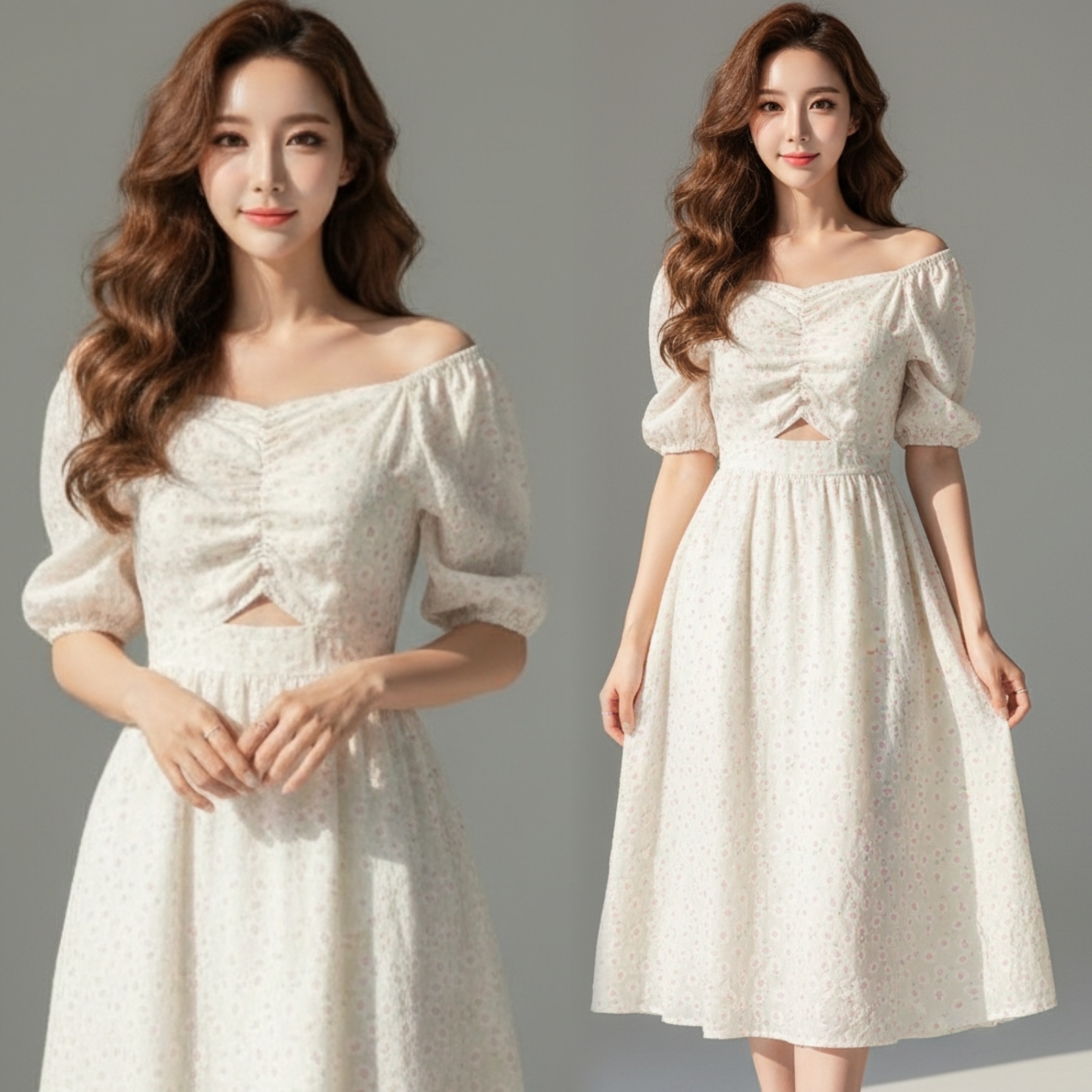 🌸 Dress4674-White เดรสยาวคอวีลายดอกไม้พื้นขาว แขนตุ๊กตา เอวยางยืด ดีไซน์หวานนิดๆ เก๋หน่อยๆ ได้ทั้งลุคเรียบง่ายและดูแพง