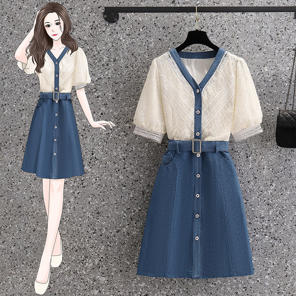 เดรสคนอ้วน 2022 ลูกไม้ ยีนส์สีครีม BY PLUS SIZE Girl