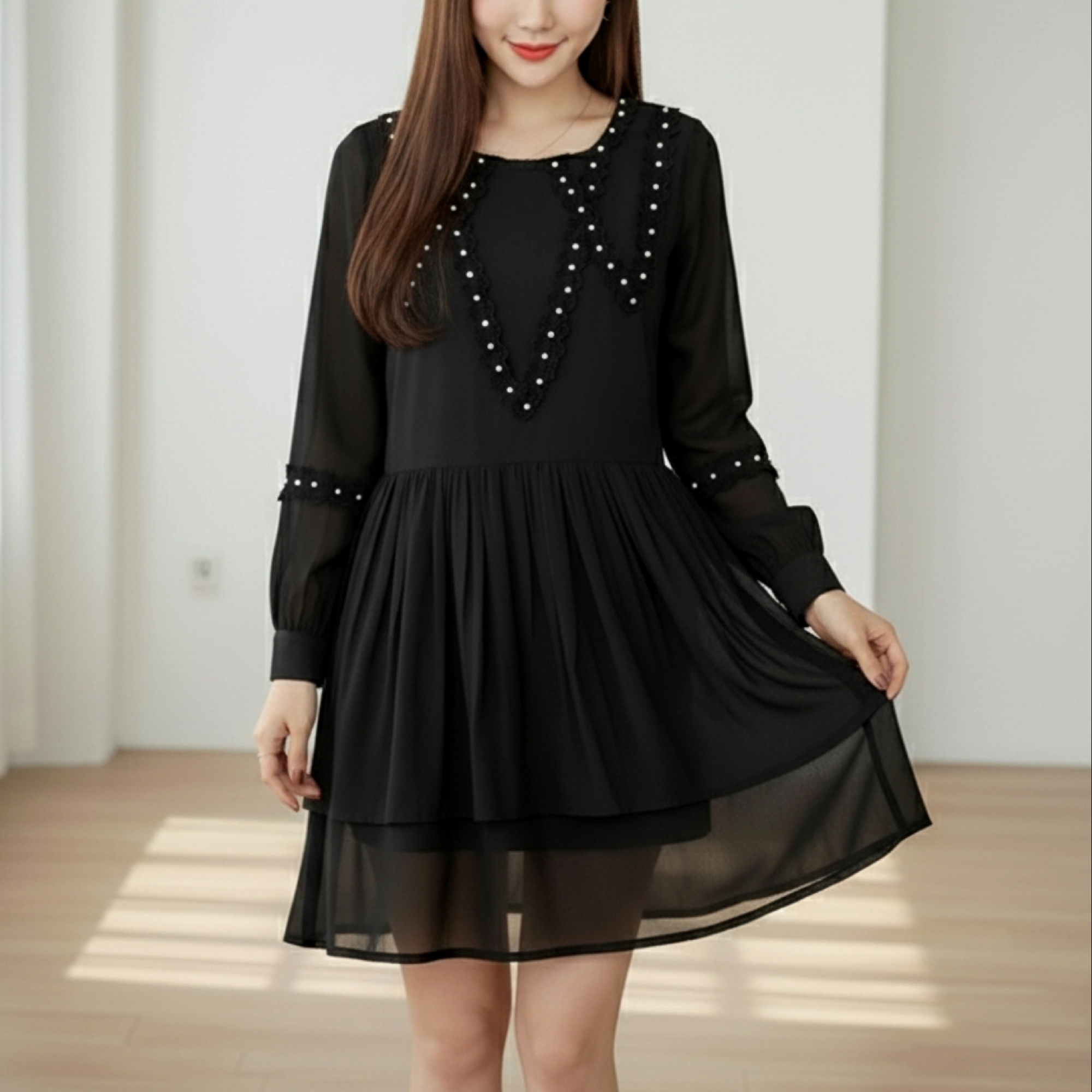 Dress4174 เดรสแขนยาวสีดำชายระบาย อกแต่งด้วยมุกและลูกไม้ มีซับในอย่างดี ผ้าชีฟองเนื้อดีมีน้ำหนักทิ้งตัวสวย ผ้าสวยเหมือนราคาหลักพัน งานดีทรงดีดูสวยแพง