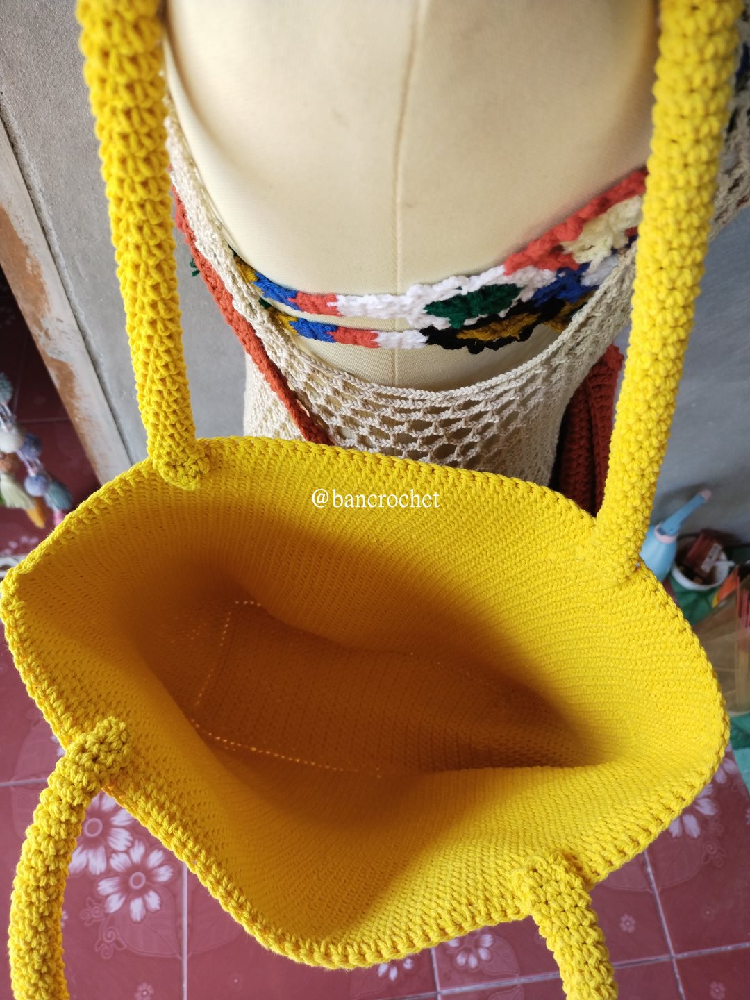 Bancrochet กระเป๋าถักโครเชต์ crochet bag เหลือง 29*32*9*สาย 24 cm