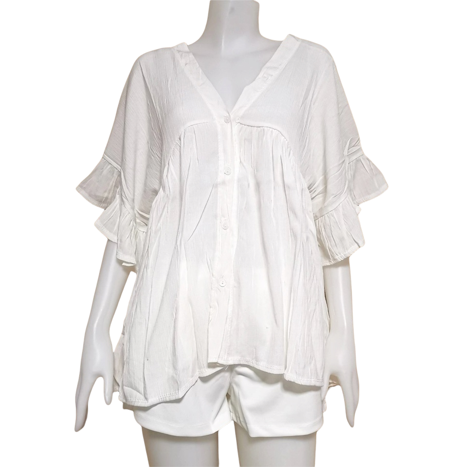 Blouse3734 เสื้อแฟชั่นไซส์ใหญ่ทรงปล่อย กระดุมผ่าหน้า แขนระบาย ผ้าชีฟองเนื้อหนาใส่สบาย มีสีขาวสีเดียว