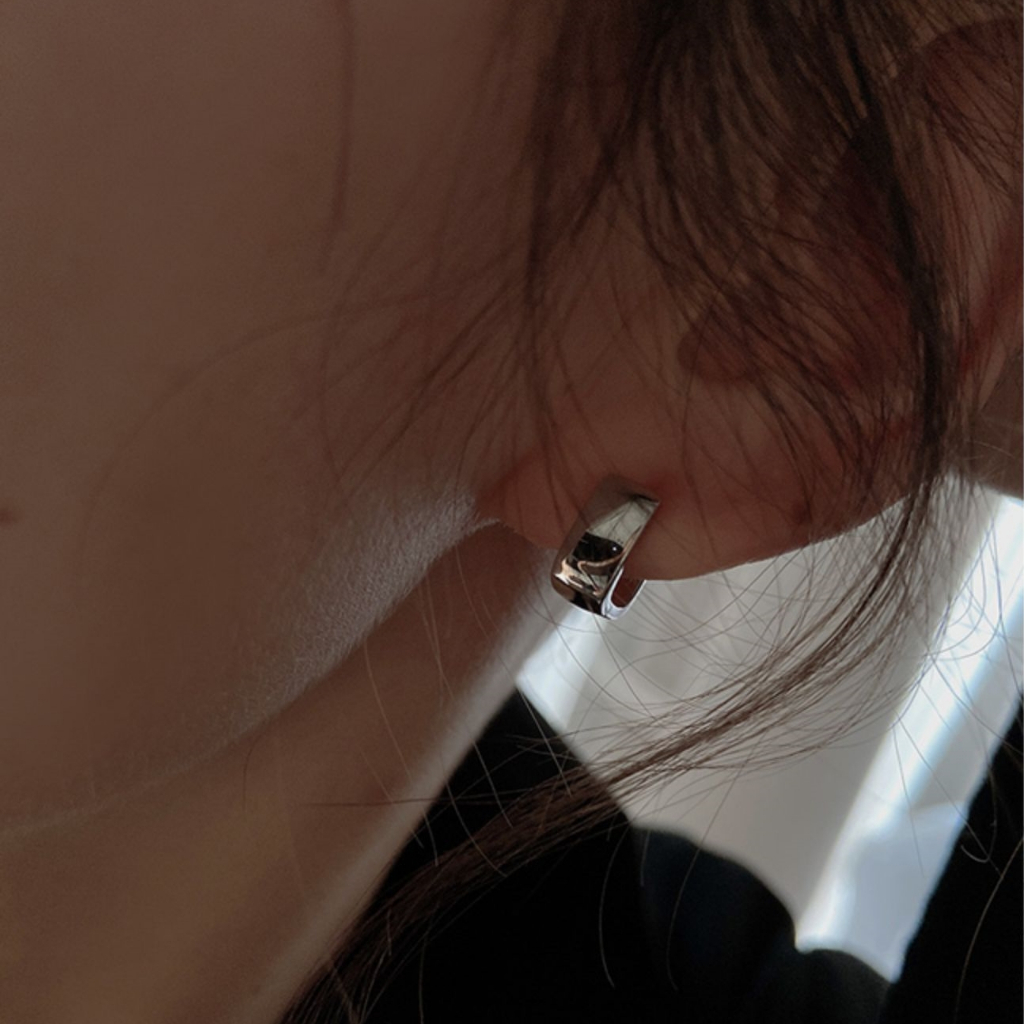ต่างหูเงินแท้ S925 รุ่น Smooth ต่างหูห่วง4เหลี่ยมหนา สูง10.8mm เงินแท้ทั้งชิ้น Silver925 ต่างหูผู้ชาย