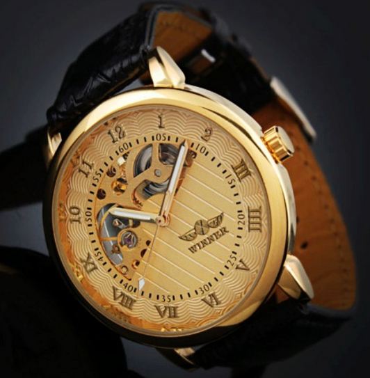 นาฬิกาข้อมือผู้ชาย แบบ โชว์กลไก ด้านใน นาฬิกาข้อมือเปลือย Mechanical watch สายหนัง หน้าปัดสีทอง ลายไม้ no 10996_1