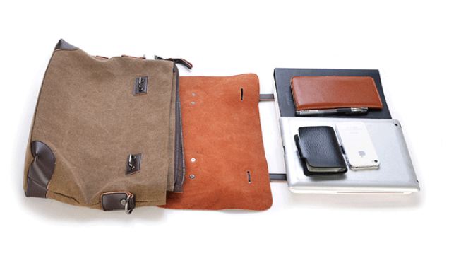 กระเป๋าสะพายข้าง ใส่ Notebook ใส่เอกสาร ผ้าแคนวาส ผสม หนังแท้ ฝาปิดหนังแท้ ดีไซน์ เท่ ผู้หญิง ผู้ชายใช้ ได้ สีน้ำตาล ดำ เขียว 152398