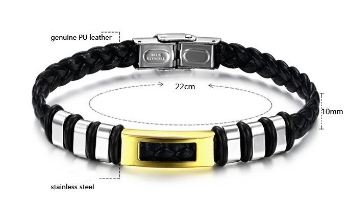 สร้อยข้อมือผู้ชาย กำไลข้อมือชาย สายหนังถัก สีดำ ตกแต่งด้วย 316L Stainless Steel ไม่ลอกไม่ดำ ร้อยห่วง ข้างละ 3 ห่วง ตรงกลางสีทอง สีเงิน no 205758