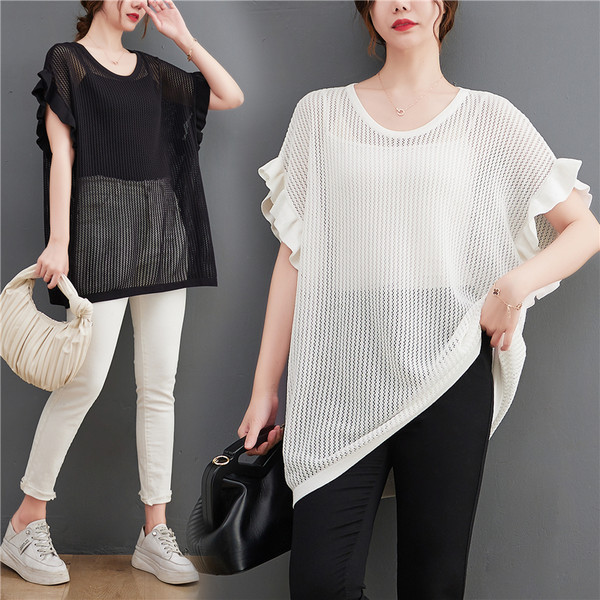 เสื้อทีเชิ้ตคนอ้วนผู้หญิงสไตล์คอตตอนลินินมีไซต์อก 47-48 นิ้ว