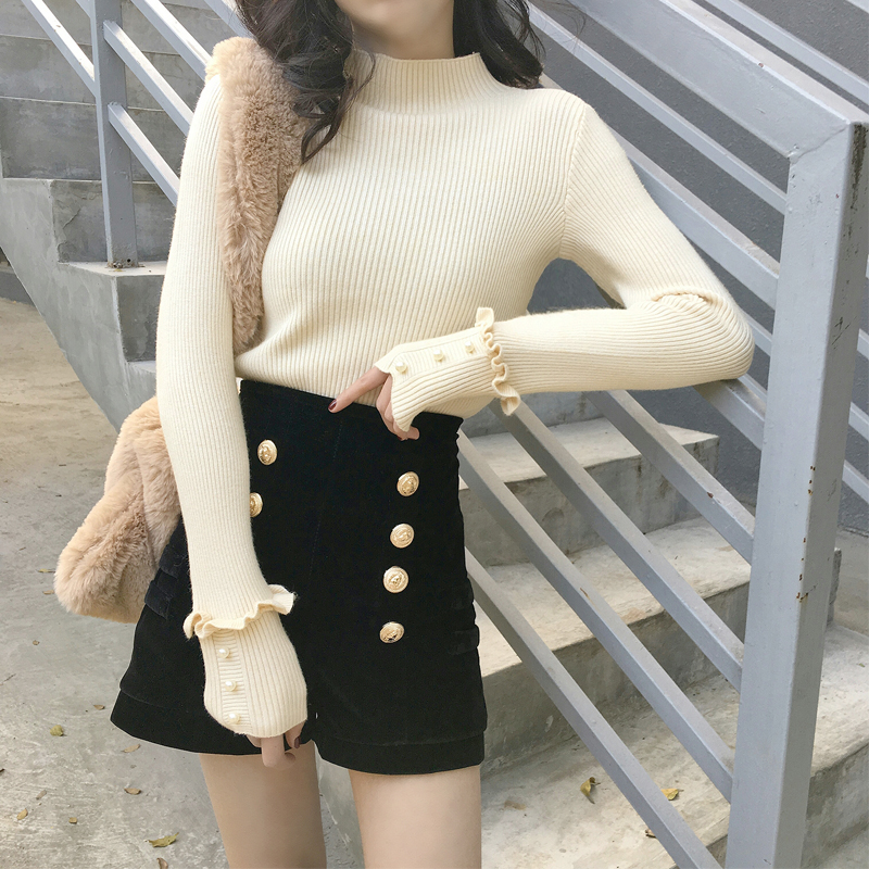 เสื้อสเวตเตอร์ ไหมพรมคอเต่า ลายทางในตัว ยืดได้เยอะ ผ้านุ่ม ครีม