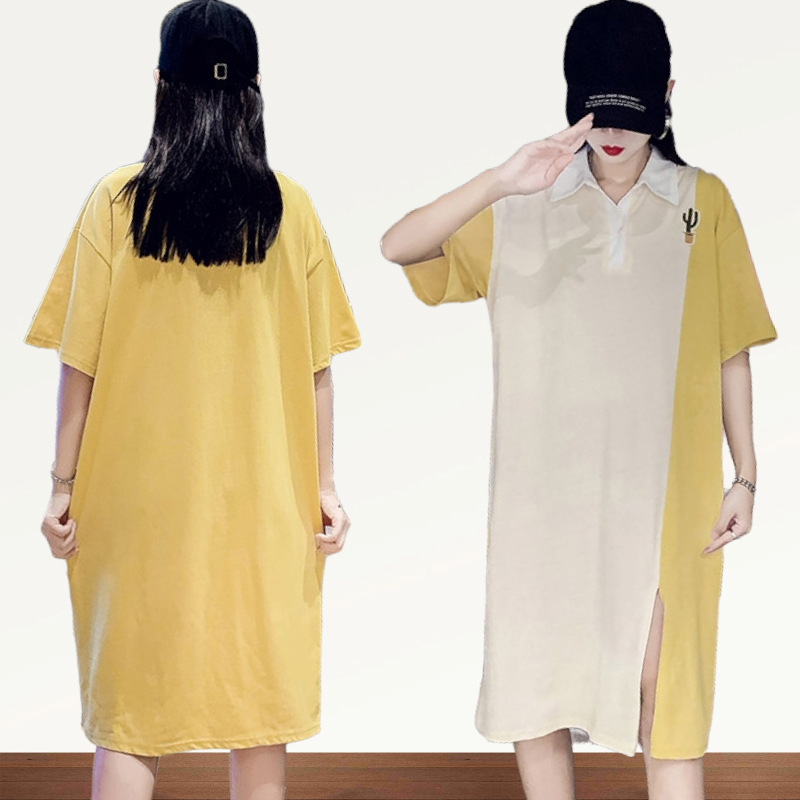Dress4519 เดรสทรงโอเวอร์ไซส์เดรสสาวอวบคอปกสีเหลืองครีม อกปักกระบองเพชร ผ้าคอตตอนเนื้อดีนุ่มยืดหยุ่นสูงใส่สบาย ผ่าหน้าเล็กน้อยเพื่อความคล่องตัว งานสวยใส่ง่ายน่ารักมาก