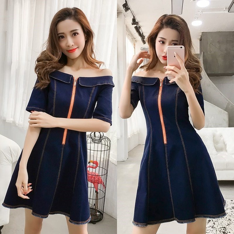 Dress4501 เดรสยีนส์เปิดไหล่แขนสามส่วน ซิปหน้าใส่ง่าย แต่งชายรุ่ยดูมีดีเทล ผ้ายีนส์แท้ยีนส์ยืดเนื้อดี