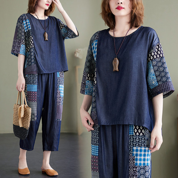 เสื้อทีเชิ้ตคนอ้วนผู้หญิงสไตล์คอตตอนลินินมีไซต์อก 47-48 นิ้ว