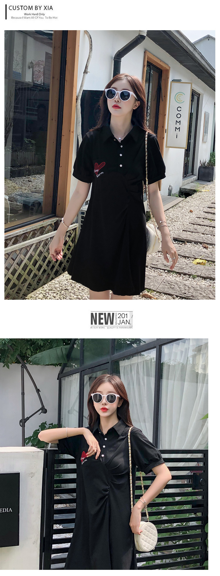 Dress4531 เดรสคอปก/เดรสโปโลสีดำ งานปักหน้าอกรูปหัวใจ กระดุมคอใช้งานได้จริง ดีเทลจับจีบช่วงเอวเก๋ๆ ผ้าคอตตอนโพลีเนื้อดีนุ่มมีน้ำหนักยืดหยุ่นสูงใส่สบาย งานสวยใส่ง่ายน่ารักมาก ใส่เที่ยว/ใส่ทำงานได้