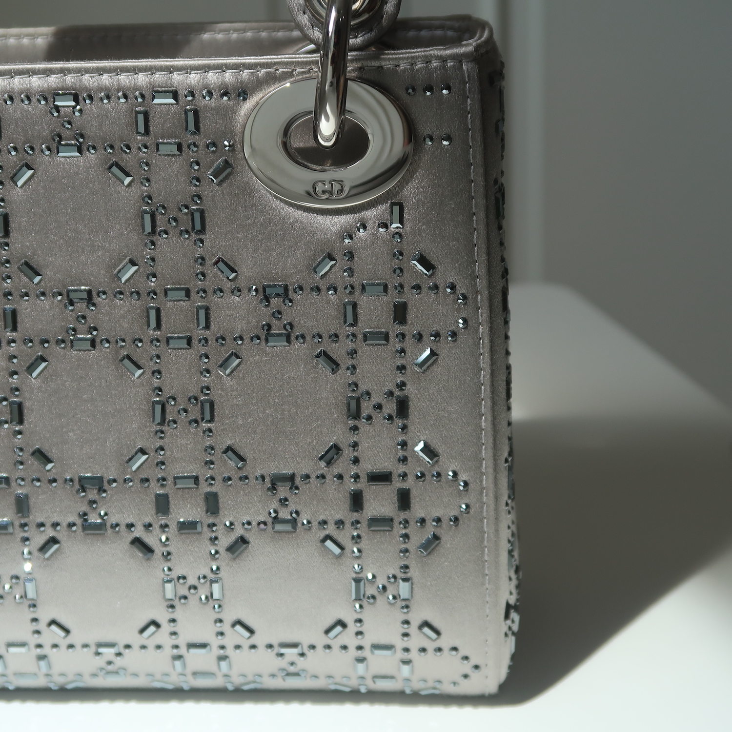 Christian Dior Grey Strass Cannage Satin Mini Lady Dior SHW