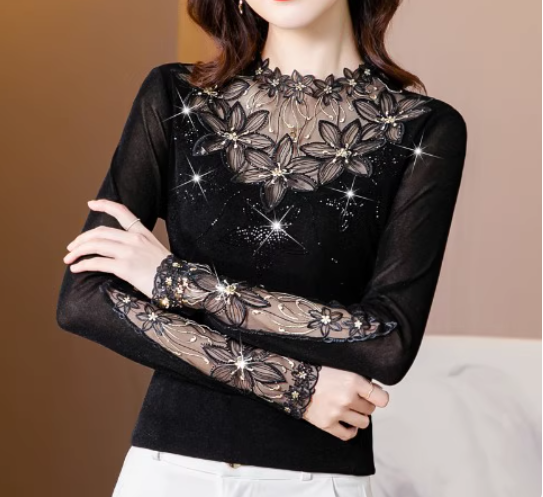แฟชั่น เสืื้อลูกไม้ สีดำ แขนยาว ผสมผสานกับ ผ้าซีทรู สวย เซ็กซี่ เสื้อลูกไม้ สวย ๆ ใส่ออกงาน 858212