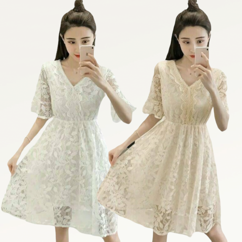Dress4578 เดรสลูกไม้ยาวคลุมเข่า ทรงคอวี แขนระบาย เอวสม็อคยางยืด มีซับในอย่างดี ผ้าลูกไม้เกรดพรีเมียมเนื้อดีนุ่มยืดหยุ่นสูงใส่สบาย งานดีทรงดีลายสวย เรียบหรูดูดี มี 2 สี ขาว, ครีม