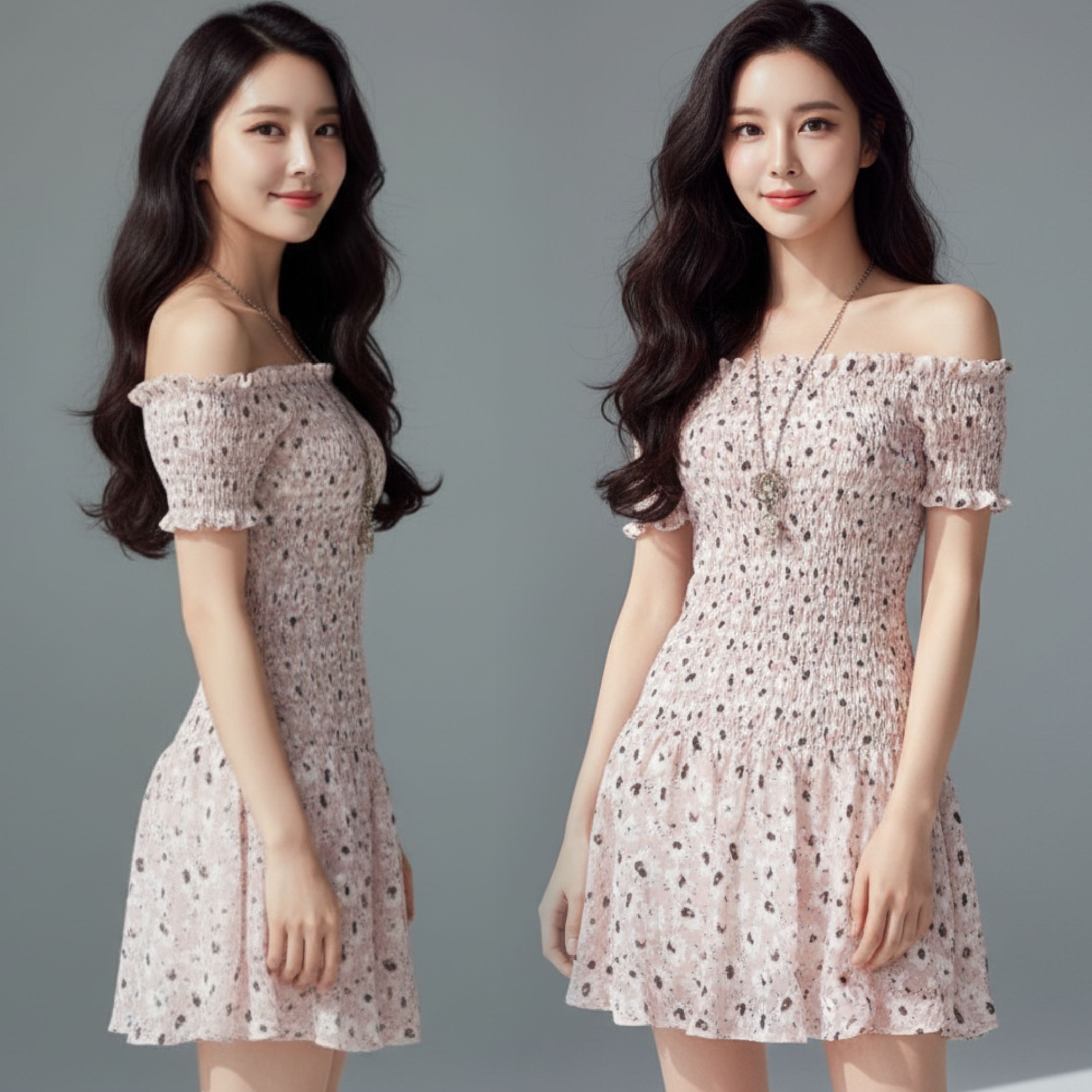 🌸💗 Dress4725 เดรสเปิดไหล่ลายดอกไม้ชมพู ผ้าชีฟองพรีเมียม น่ารักหวานละมุน