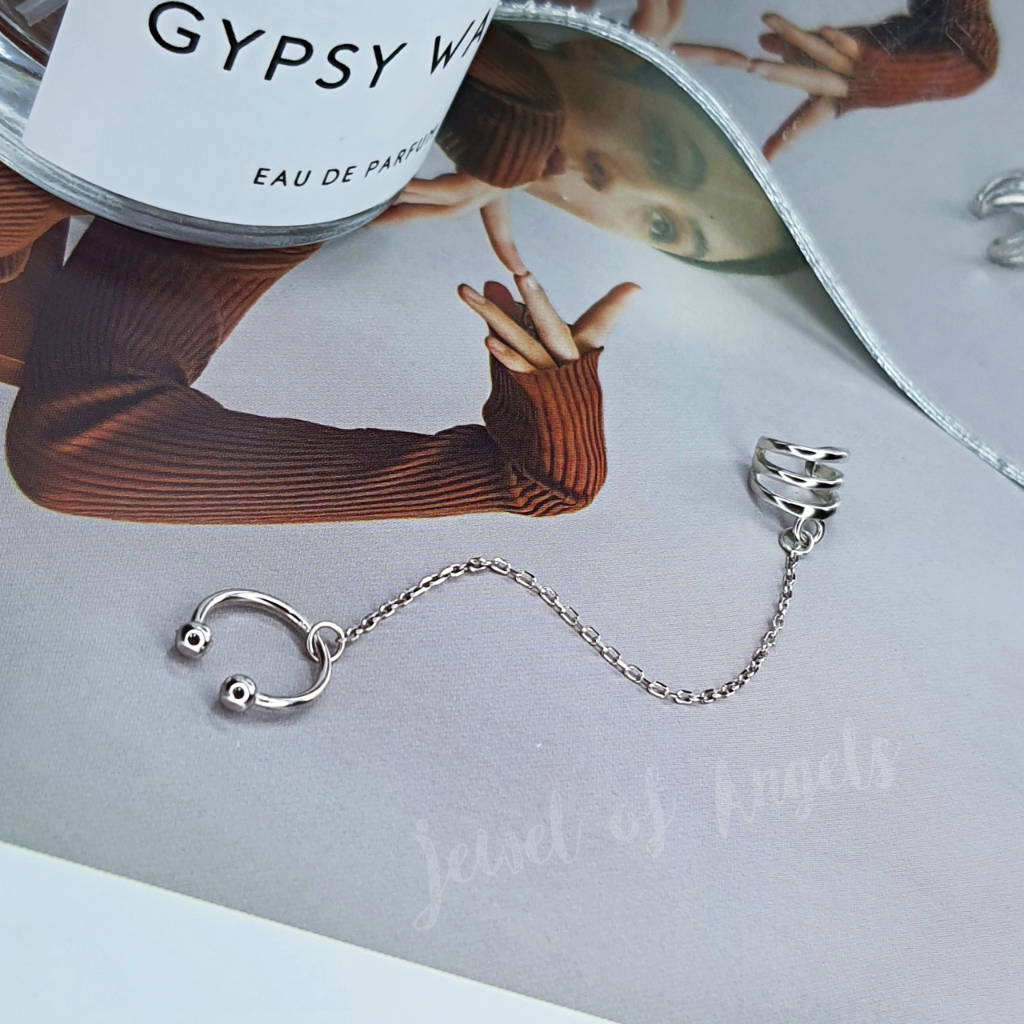 ต่างหูหนีบ Ear Cuff รุ่น Clound เงินแท้S925 ต่างหูคลิปหนีบห่วงและ3แฉก แต่งโซ่ สีเงิน Silver925