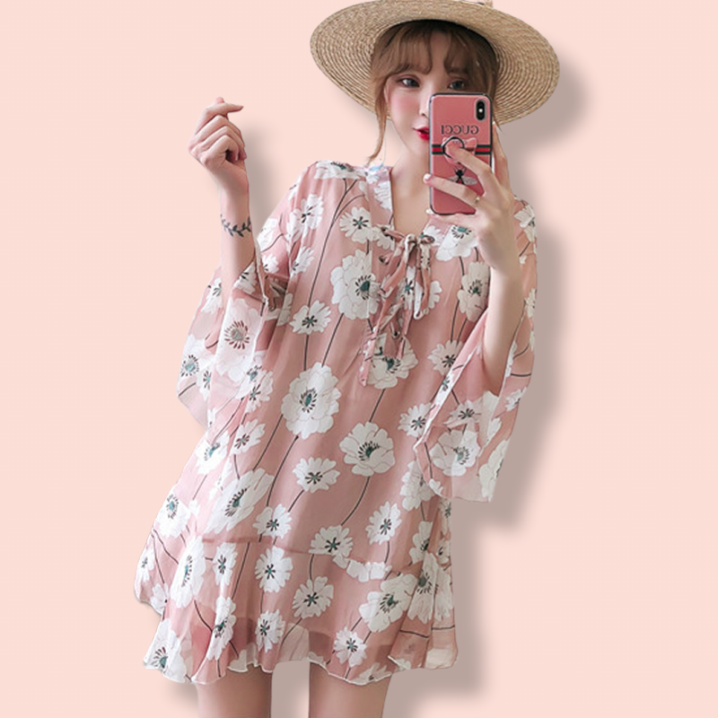 Dress4434 เดรสชีฟองลายดอกไม้สีชมพู อกผูกเชือกเก๋ๆ แขนระบาย ชายระบาย มีซับในอย่างดี งานสวยใส่ง่ายน่ารักมาก