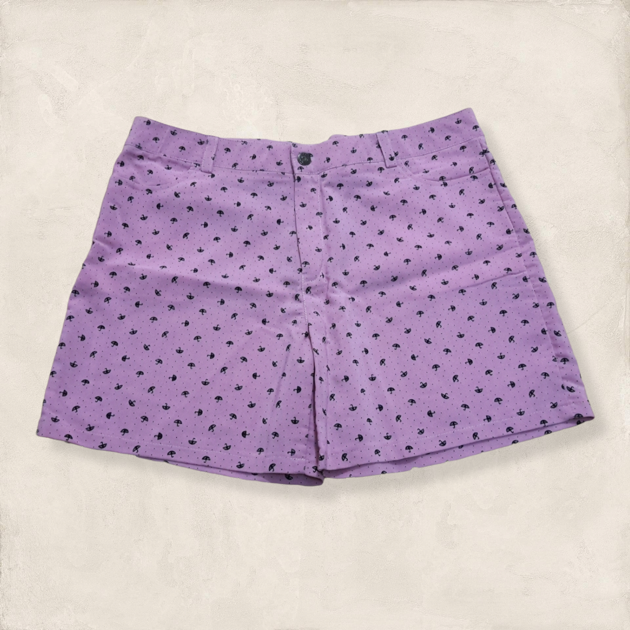 Shorts305 กางเกงขาสั้น กระดุมซิป ผ้ายีนส์เทียมลายร่ม สีชมพู