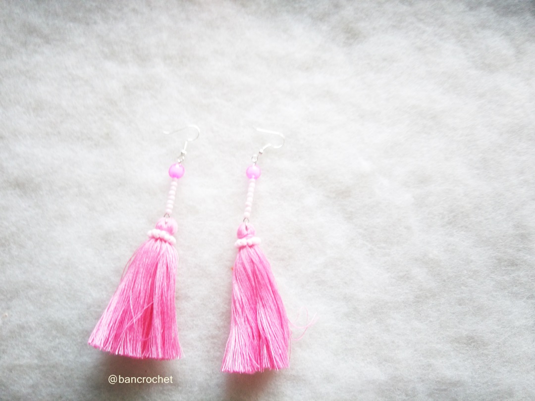 ต่างหูถักโครเชต์ crochet earrings สีชมพู 4.5 นิ้ว