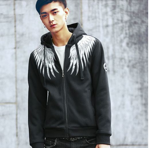 เสื้อ แจ็คเก็ต ผู้ชาย เสื้อหมวก แขนยาว เสื้อมีฮู้ด สไตล์ Hip Hop สีดำ ซิปหน้า เพ้นท์ ลายปีก นกอินทรี ปกตรงไหล่ เสื้อคลุม แขนยาว เท่ ๆ 682785