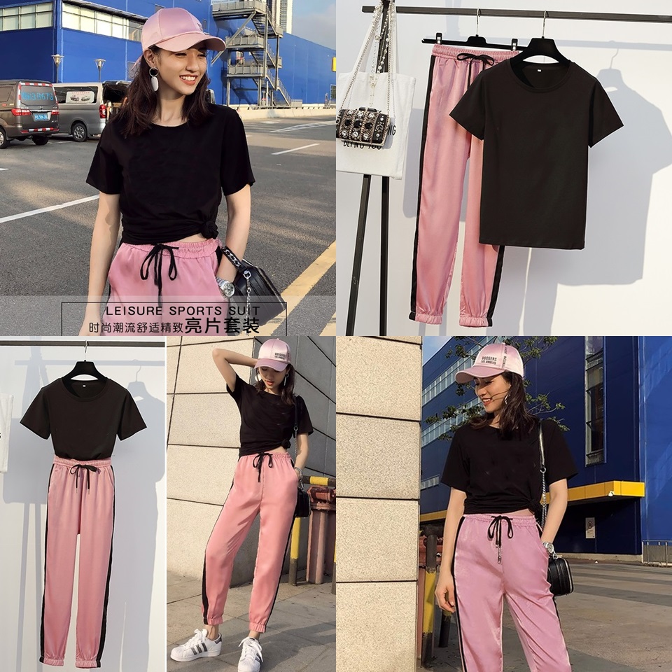 Set_bt1770 ชุดเซ็ท 2 ชิ้น(เสื้อ+กางเกง) เสื้อยืดแขนสั้นสีดำผ้าคอตตอนเนื้อดีนุ่มยืดหยุ่นสูงใส่สบาย+กางเกงขายาวปลายขาจัมพ์สีชมพูแต่งแถบข้างสีดำ เอวยางยืด มีกระเป๋าข้าง ผ้าซาตินกำมะหยี่เนื้อดีนุ่มใส่สบาย งานน่ารักเก๋ๆ ใส่สวย งานเซ็ทเข้าชุดสุ